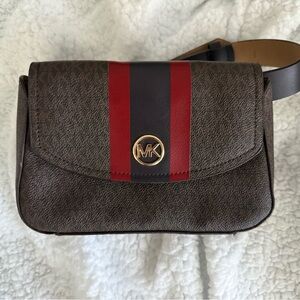 Michael Kors Brown Leather Crossbody with Red and Black Center Stripe